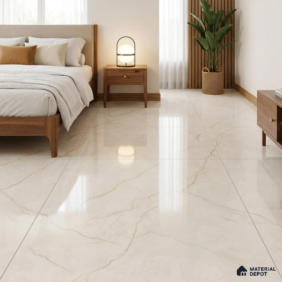 Modern Bedroom with Glossy Cream Marble-Look Floor Tile and Gold Veins
