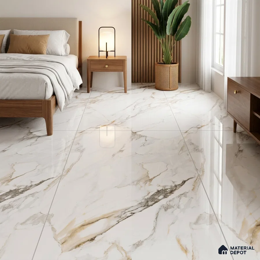 Modern Bedroom with Glossy Calacatta White Marble-Look Floor Tile