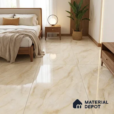 Modern Bedroom with Glossy Golden Cream Onyx-Look Floor Tile