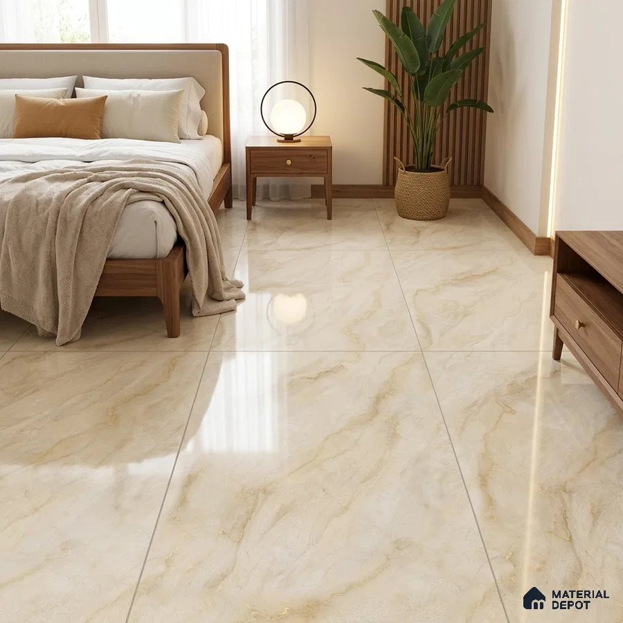Modern Bedroom with Glossy Golden Cream Onyx-Look Floor Tile
