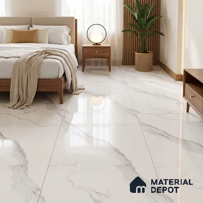 Modern Bedroom with Glossy White Statuario Marble-Look Floor Tile