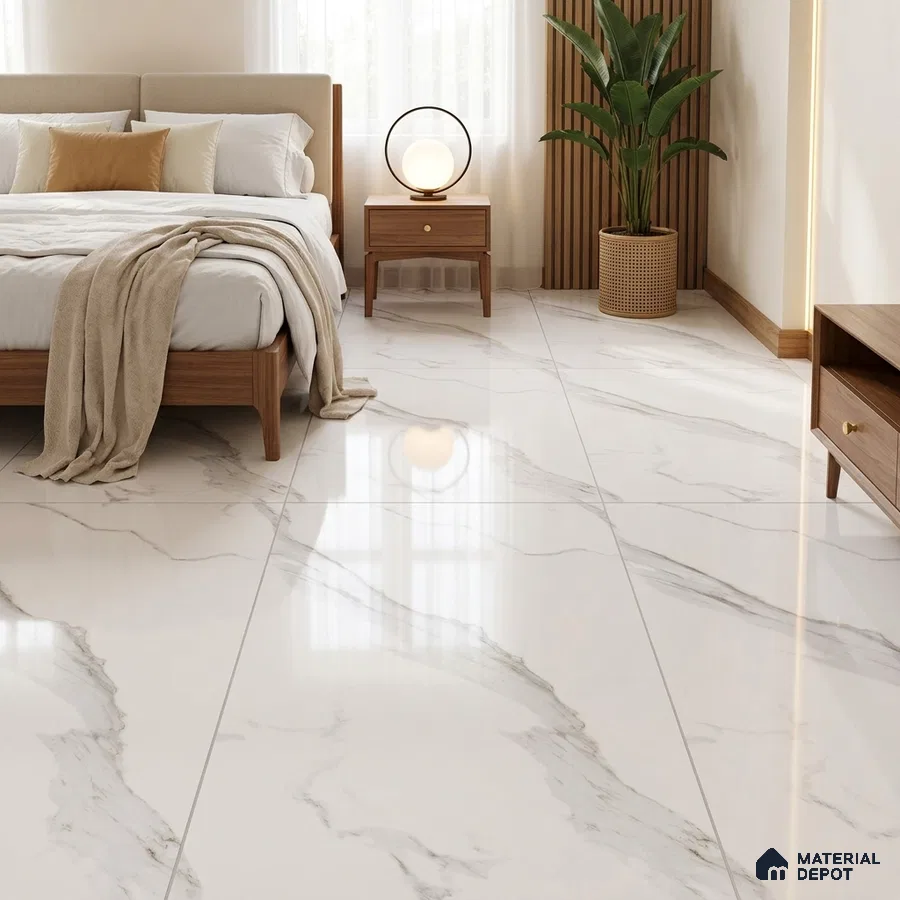 Modern Bedroom with Glossy White Statuario Marble-Look Floor Tile
