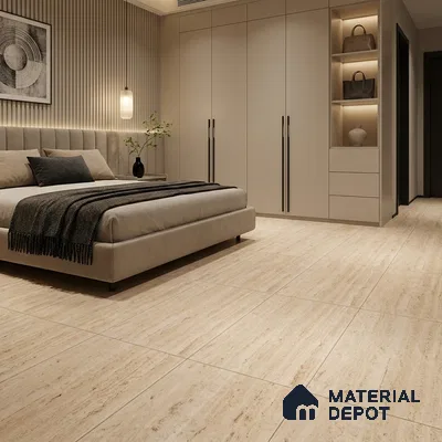 Modern Bedroom with Matte Beige Travertine-Look Floor Tile