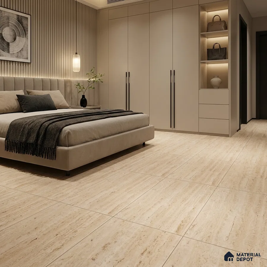 Modern Bedroom with Matte Beige Travertine-Look Floor Tile