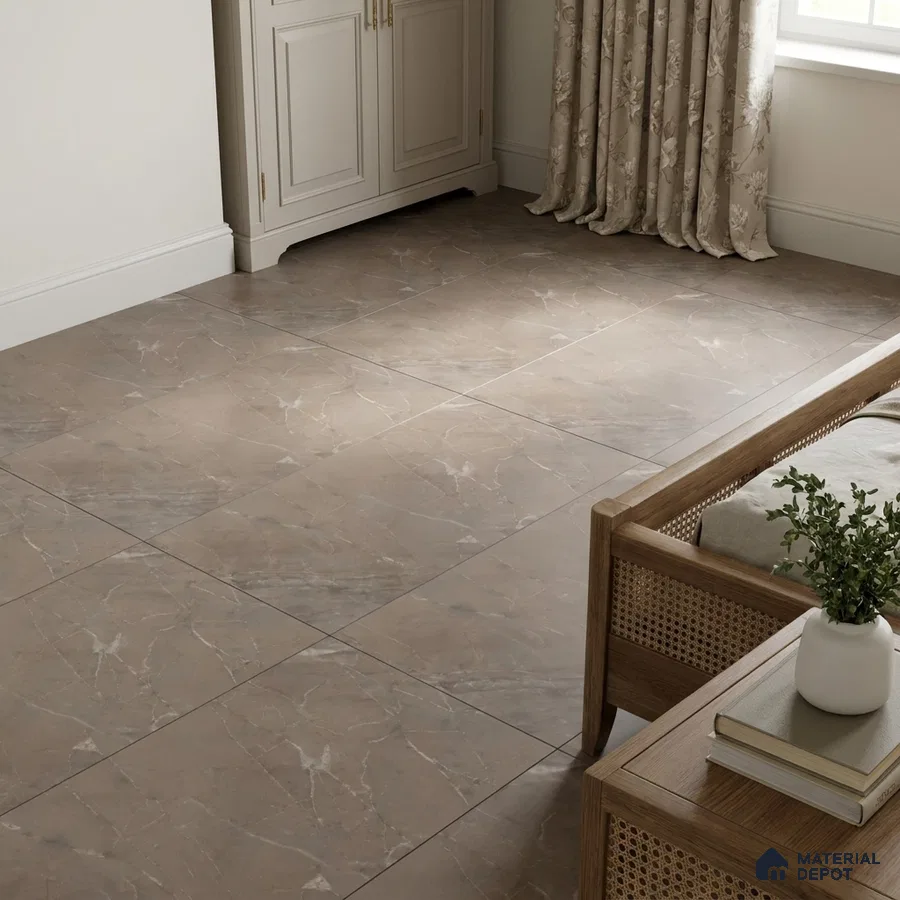 Traditional Bedroom with Matte Taupe Brown Marble-Look Floor Tile