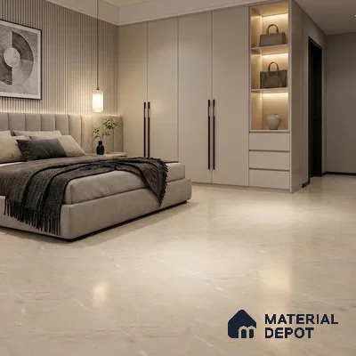 Modern Bedroom with Satin Cream Marble-Look Floor Tile
