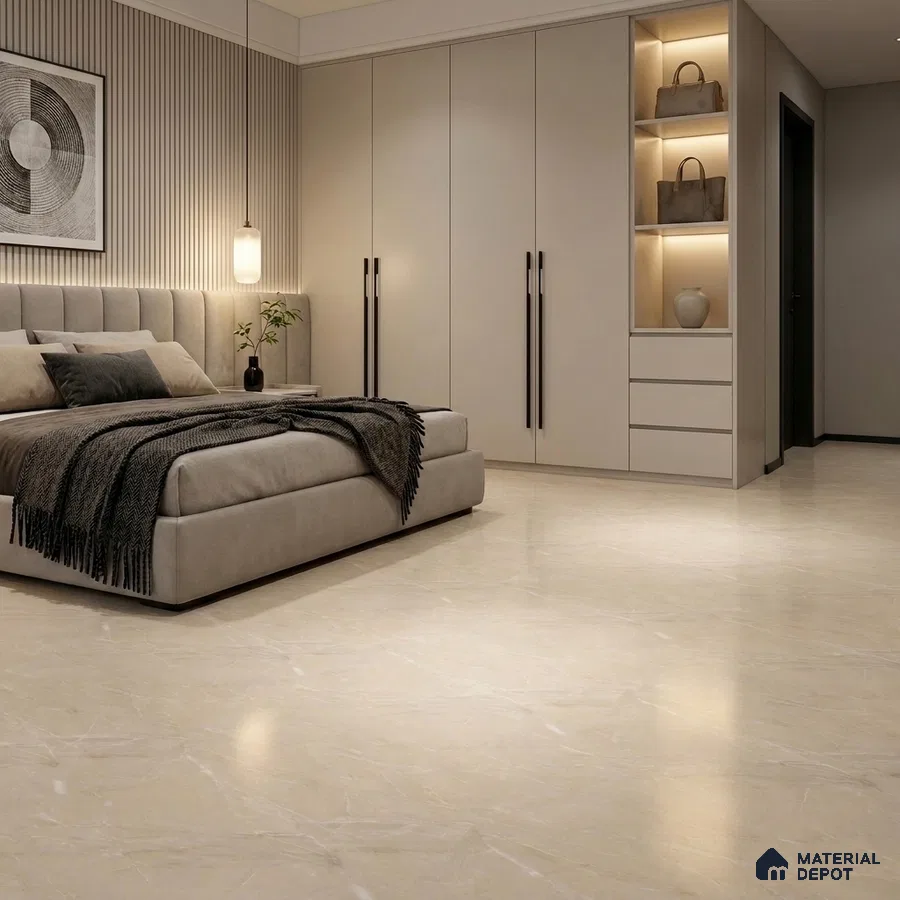 Modern Bedroom with Satin Cream Marble-Look Floor Tile