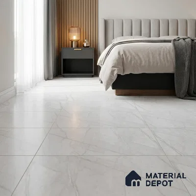 Modern Bedroom with Matte White Marble-Look Floor Tile