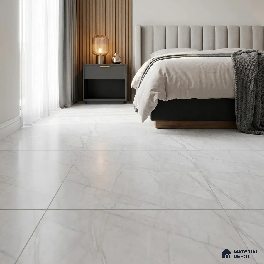 Modern Bedroom with Matte White Marble-Look Floor Tile