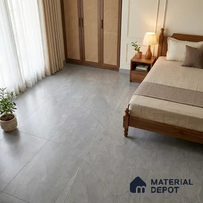 Modern Bedroom with Matte Grey Marble-Look Floor Tile