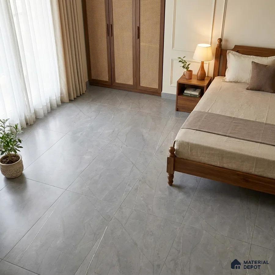 Modern Bedroom with Matte Grey Marble-Look Floor Tile