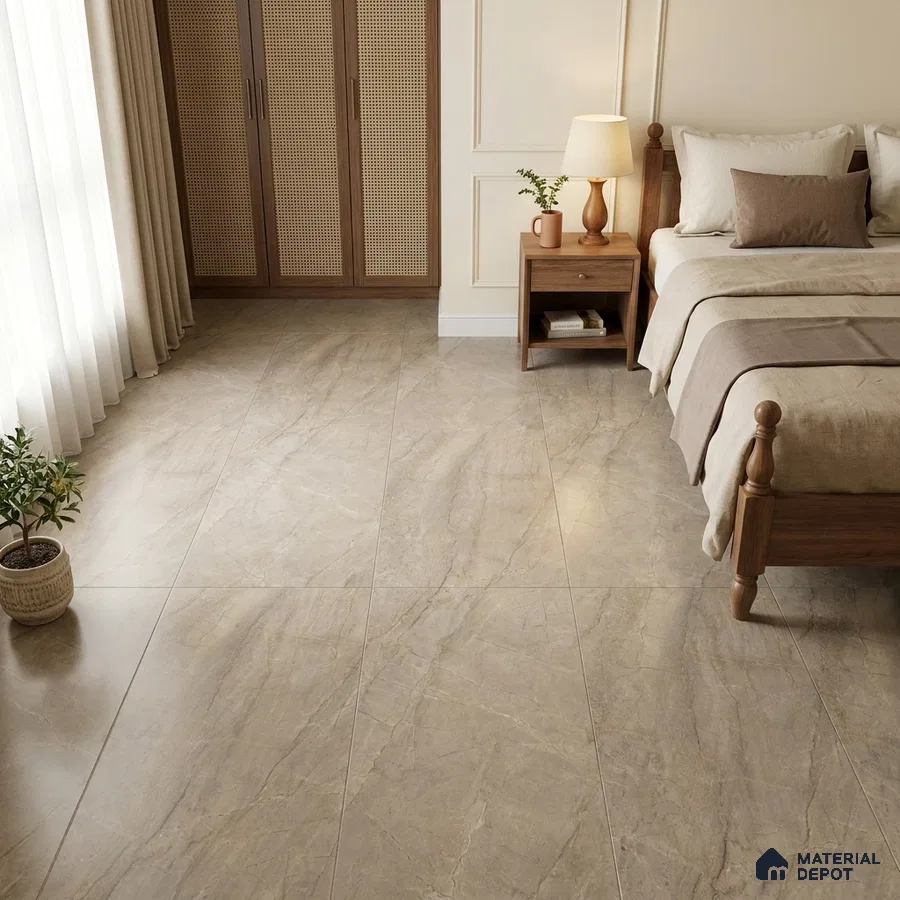 Traditional Bedroom with Matte Beige Marble-Look Floor Tile