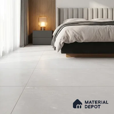 Modern Bedroom with Matte Ivory White Marble-Look Floor Tile