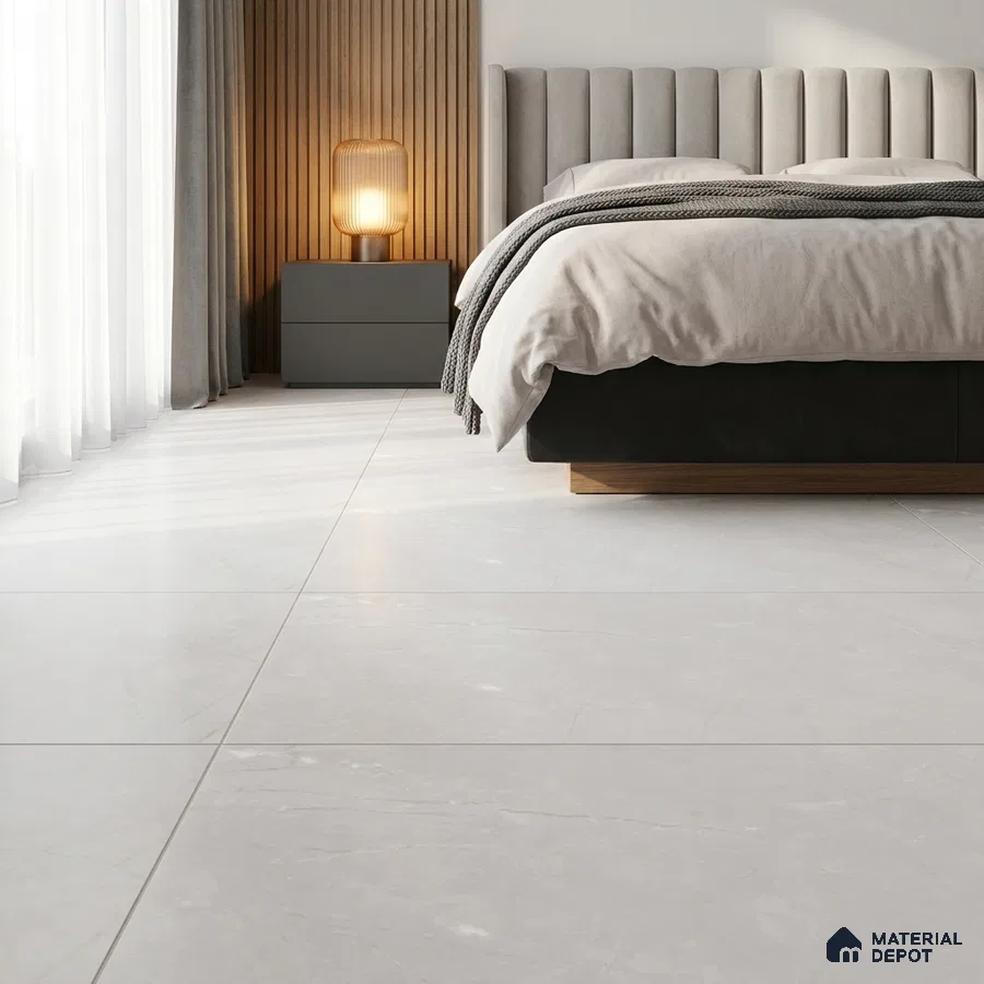Modern Bedroom with Matte Ivory White Marble-Look Floor Tile