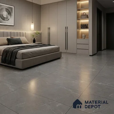 Modern Bedroom with Matte Grey Marble-Look Floor Tile