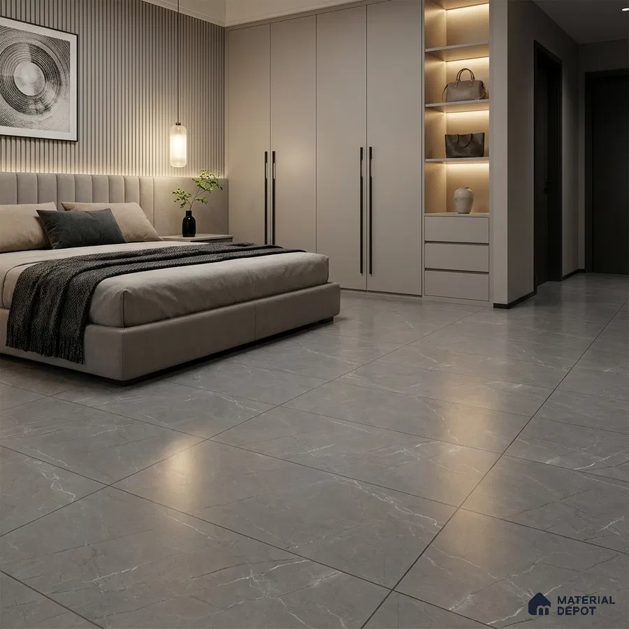Modern Bedroom with Matte Grey Marble-Look Floor Tile