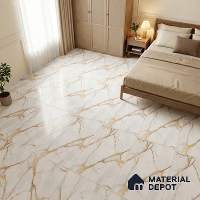 Traditional Bedroom with White Marble-Look Floor Tile and Gold Veins