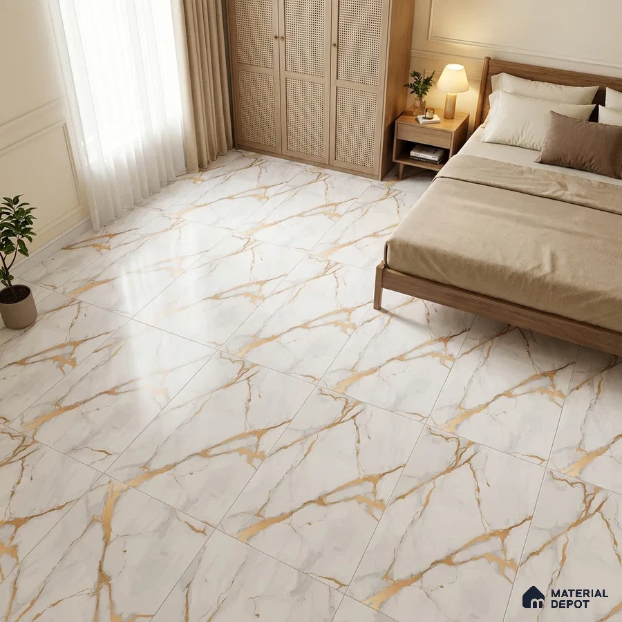 Traditional Bedroom with White Marble-Look Floor Tile and Gold Veins