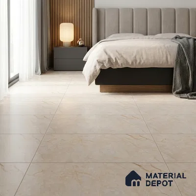 Modern Bedroom with Matte Ivory Marble-Look Floor Tile and Gold Veins