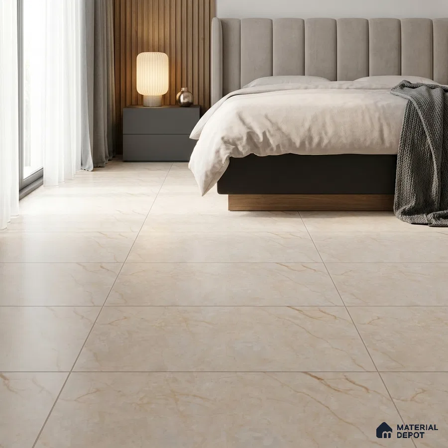 Modern Bedroom with Matte Ivory Marble-Look Floor Tile and Gold Veins