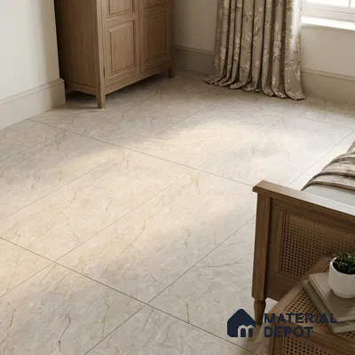 Traditional Bedroom with Matte Cream Marble-Look Floor Tile and Gold Veins