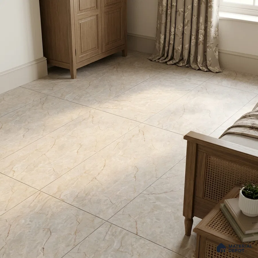 Traditional Bedroom with Matte Cream Marble-Look Floor Tile and Gold Veins