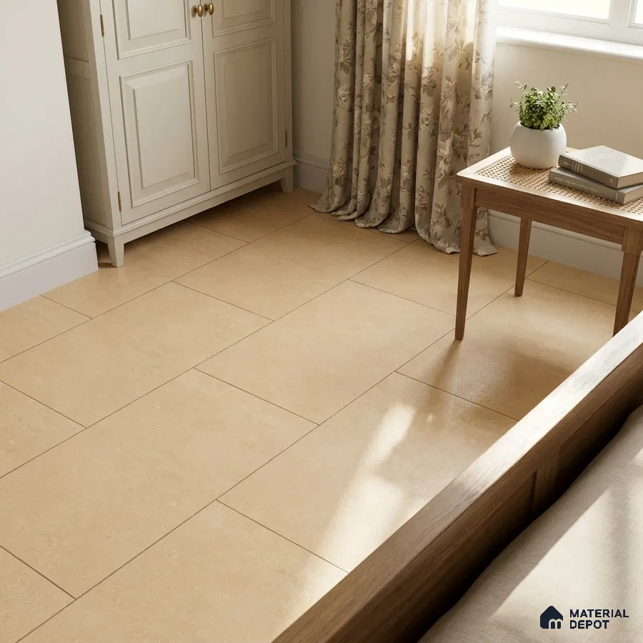 Modern Bedroom with Warm Beige Matte Stone-Look Floor Tile