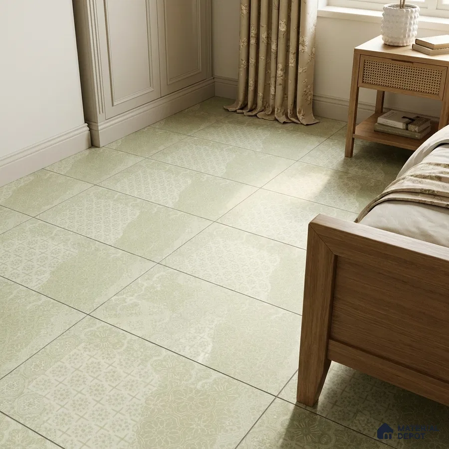 Modern Bedroom with Sage Green Patterned Matte Floor Tile