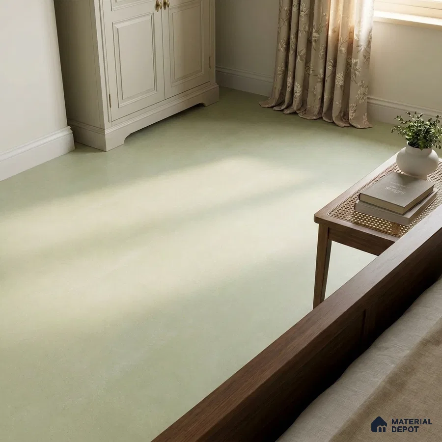 Minimalist Bedroom with Soft Mint Green Matte Floor Tile
