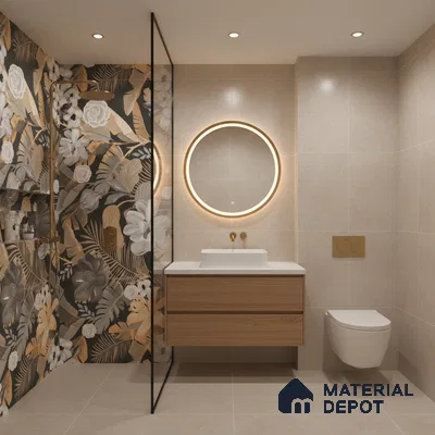 Modern bathroom with floral patterned highlighter wall tile, beige stone wall tile, and wood vanity