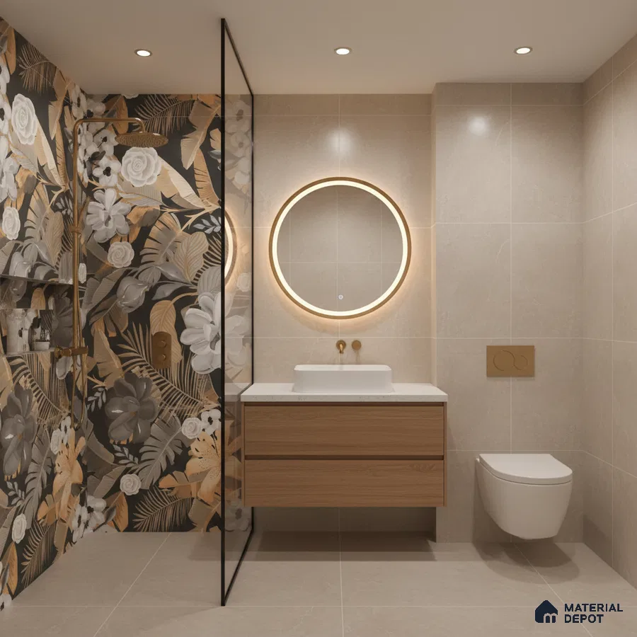 Modern bathroom with floral patterned highlighter wall tile, beige stone wall tile, and wood vanity