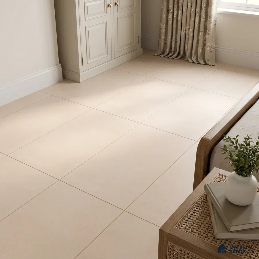 Minimalist Bedroom with Cream Beige Matte Floor Tile