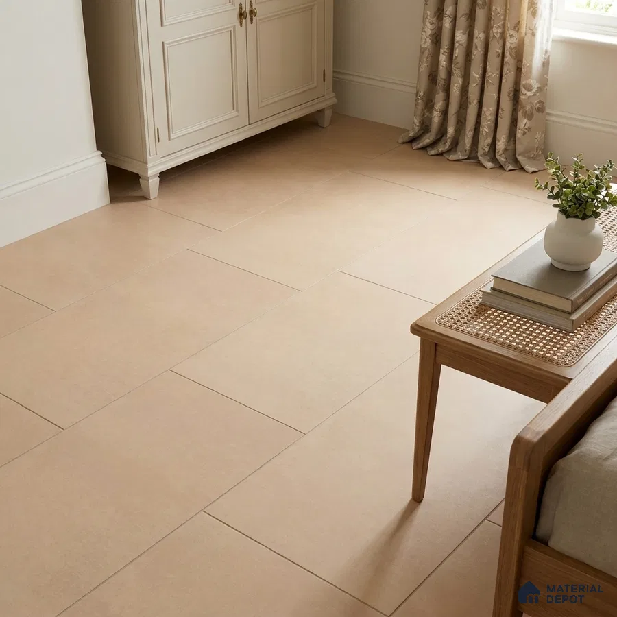 Minimalist Bedroom with Warm Sand Beige Matte Floor Tile
