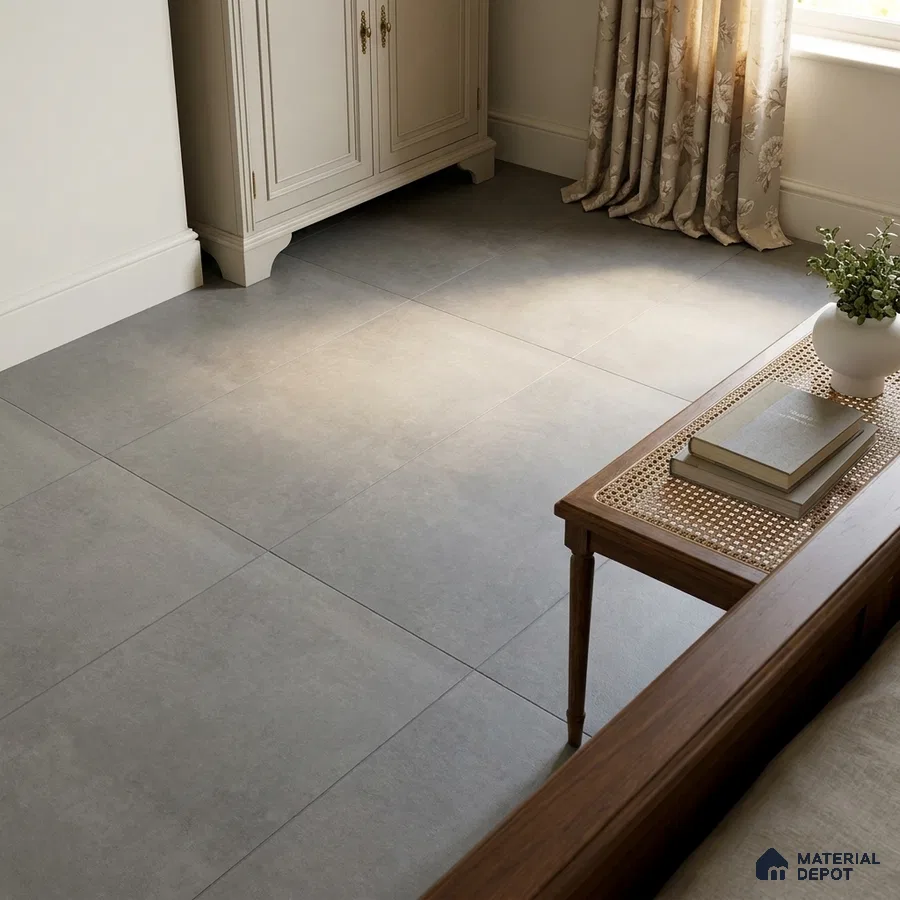 Minimalist Bedroom with Charcoal Grey Matte Cement-Look Floor Tile
