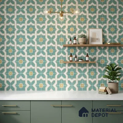Modern bathroom with geometric teal and beige patterned wall tiles and sage green laminate vanity