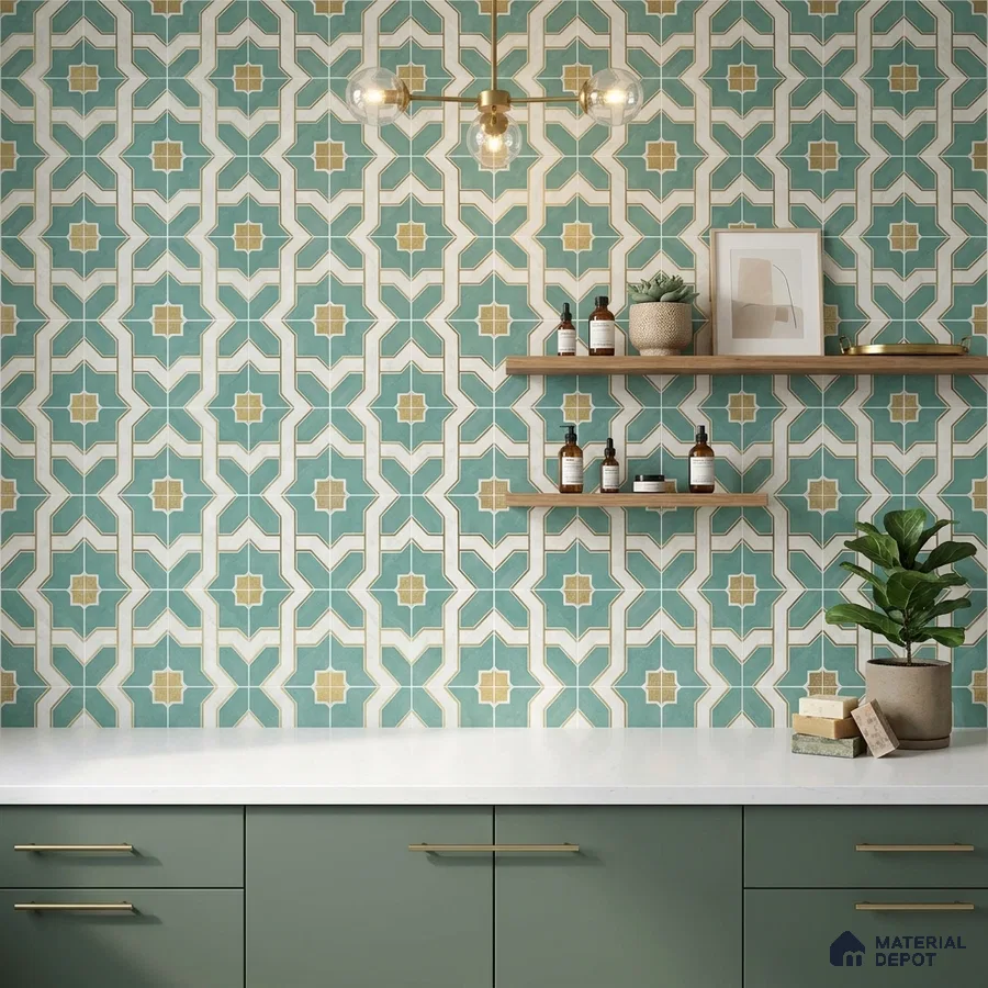 Modern bathroom with geometric teal and beige patterned wall tiles and sage green laminate vanity