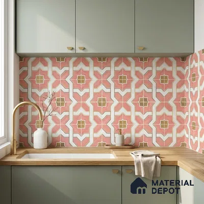 Modern kitchen with sage green laminate cabinets, pink geometric patterned backsplash tile, and wood countertop