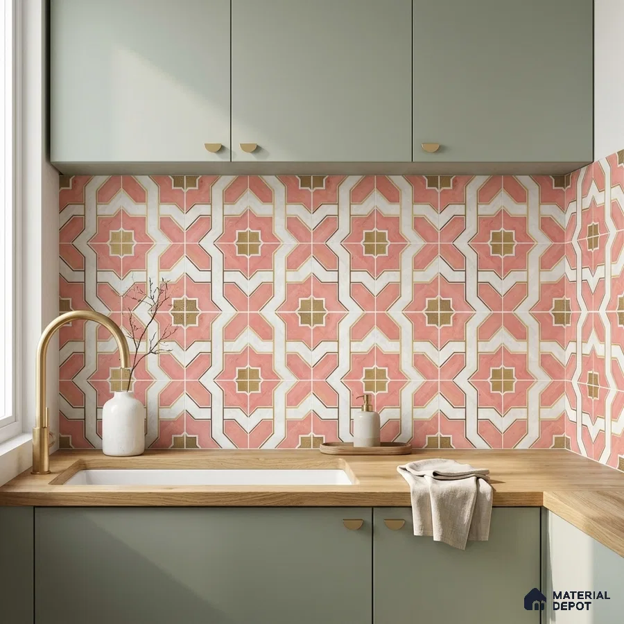 Modern kitchen with sage green laminate cabinets, pink geometric patterned backsplash tile, and wood countertop