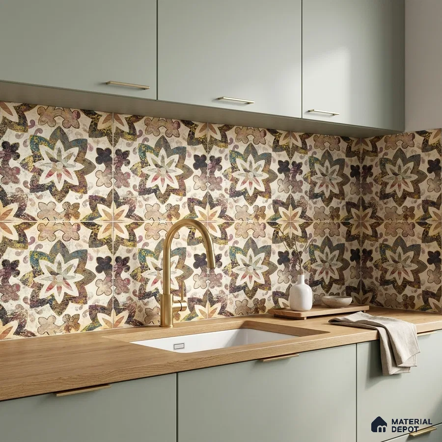 Modern kitchen with sage green laminate cabinets, oak wood countertop, and multicolor floral patterned backsplash tiles