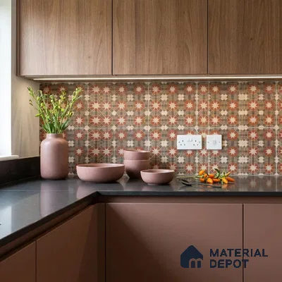 Modern kitchen with mauve laminate cabinets, walnut wood laminate, and patterned moroccan backsplash tiles