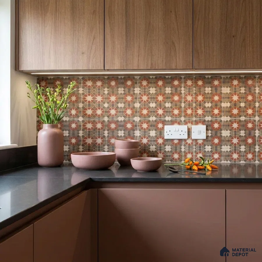 Modern kitchen with mauve laminate cabinets, walnut wood laminate, and patterned moroccan backsplash tiles