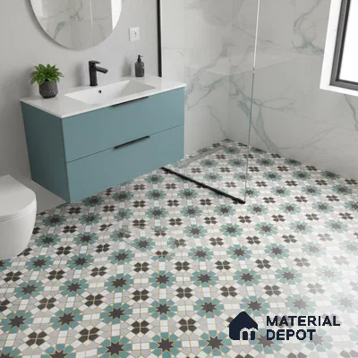 Modern bathroom with blue vanity, marble wall tiles, and geometric patterned floor tiles