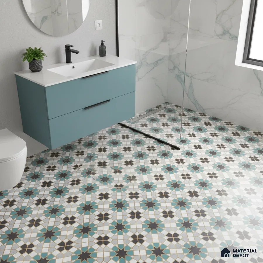 Modern bathroom with blue vanity, marble wall tiles, and geometric patterned floor tiles