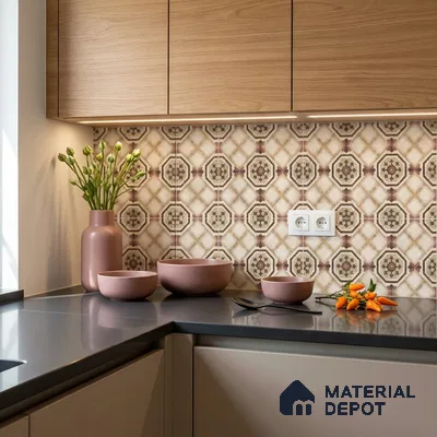 Modern kitchen with oak wood laminate cabinets, patterned geometric backsplash tile, and grey quartz countertop