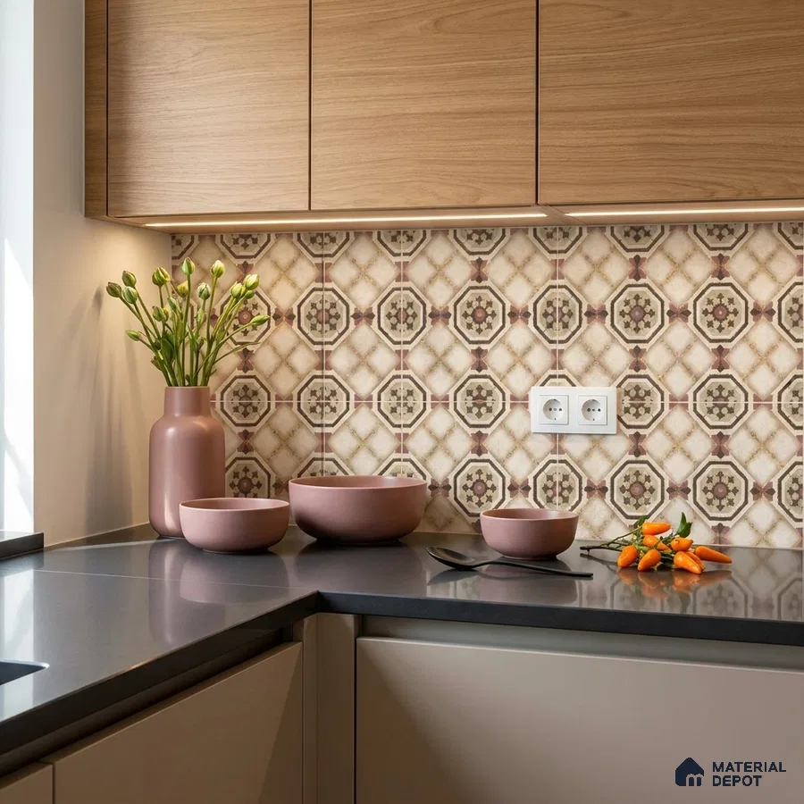 Modern kitchen with oak wood laminate cabinets, patterned geometric backsplash tile, and grey quartz countertop