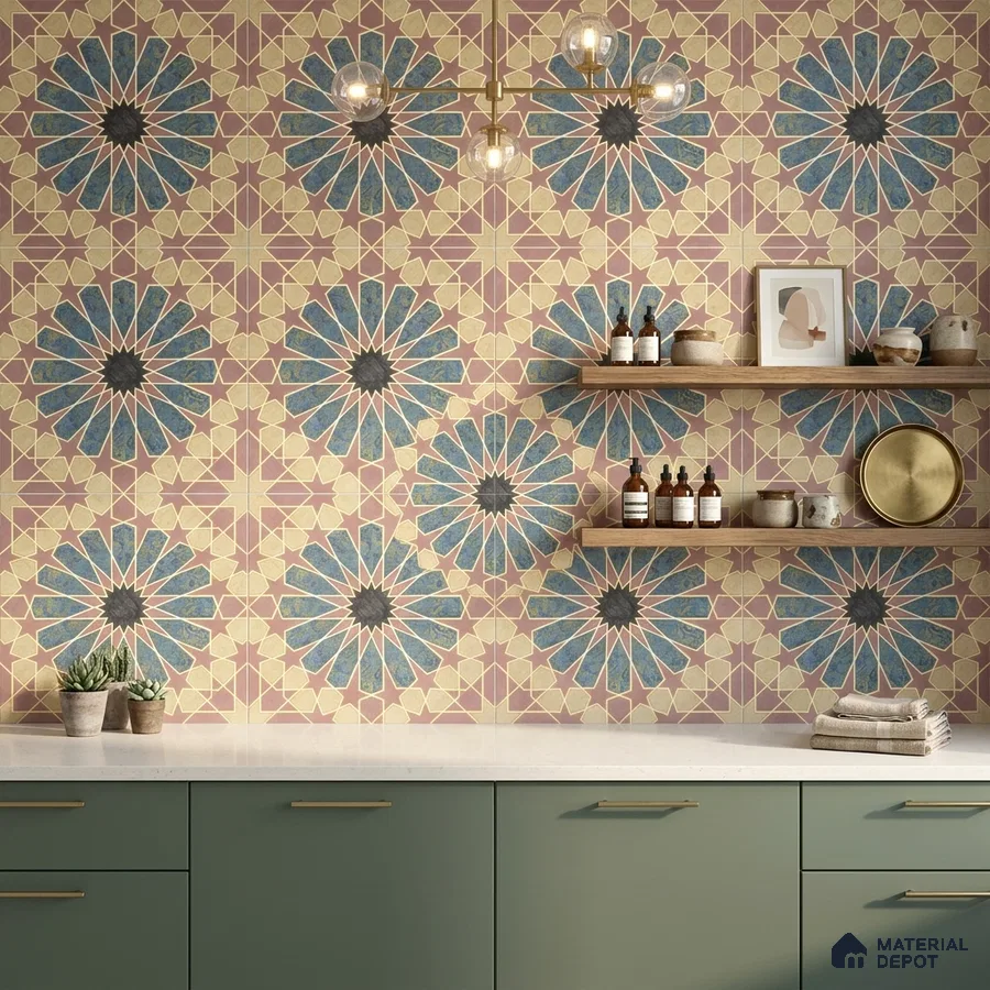 Eclectic kitchen with sage green laminate cabinets, white quartz countertop, and blue geometric moroccan wall tiles