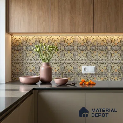 Modern kitchen with wood grain laminate cabinets, patterned moroccan backsplash tile, and grey quartz countertop