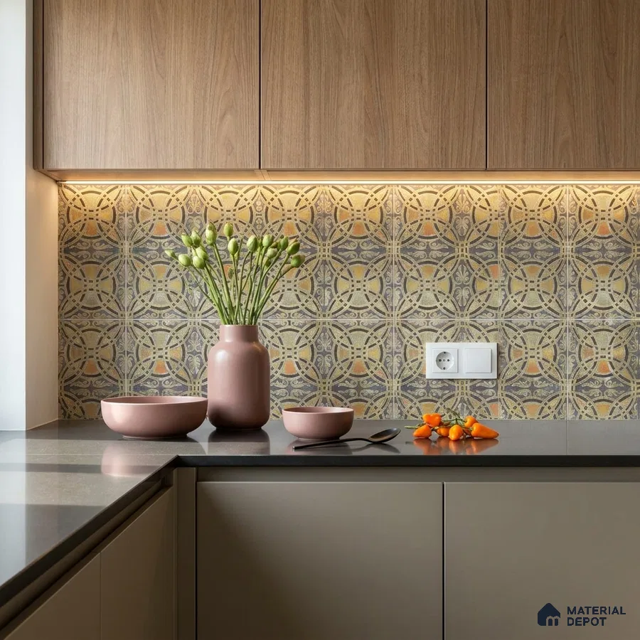 Modern kitchen with wood grain laminate cabinets, patterned moroccan backsplash tile, and grey quartz countertop