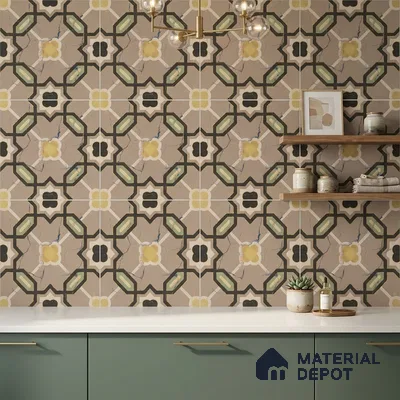Modern kitchen with sage green laminate cabinets, white quartz countertop, and geometric patterned wall tiles