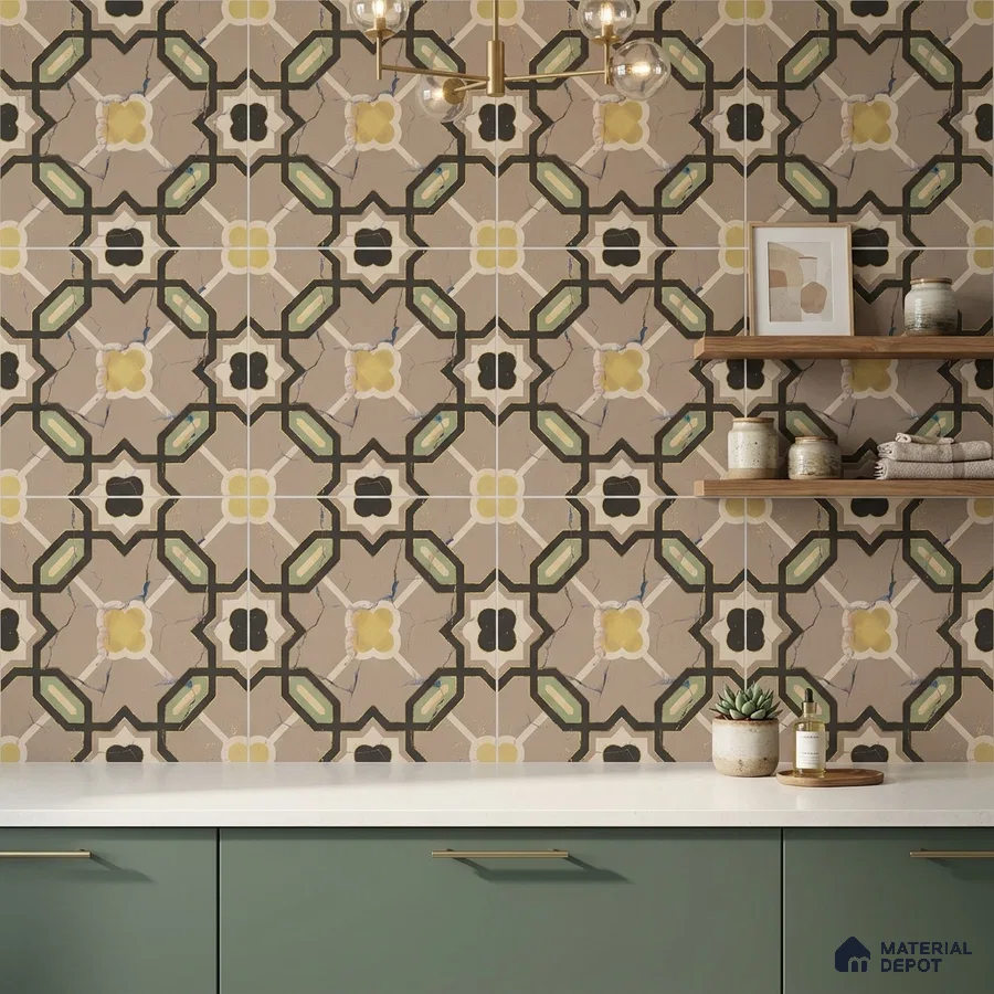 Modern kitchen with sage green laminate cabinets, white quartz countertop, and geometric patterned wall tiles